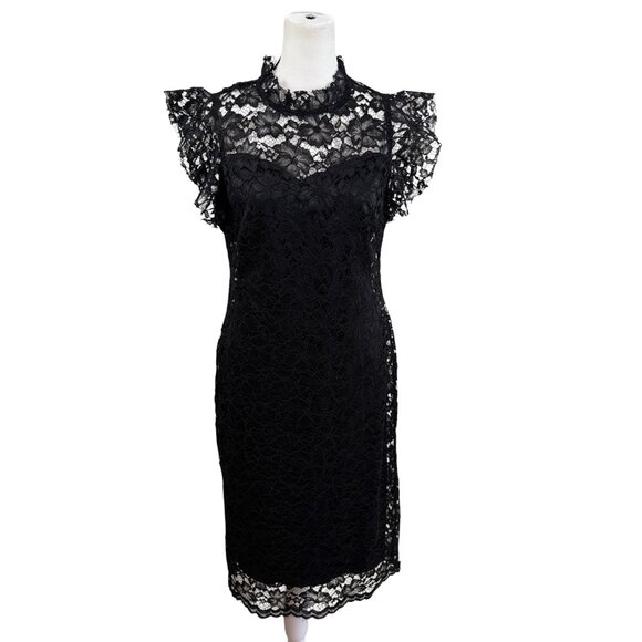 Enfocus Studio Black Floral Lace Cocktail Dress – Sheer Neckline & Ruffle Sleeve - Picture 2 of 8